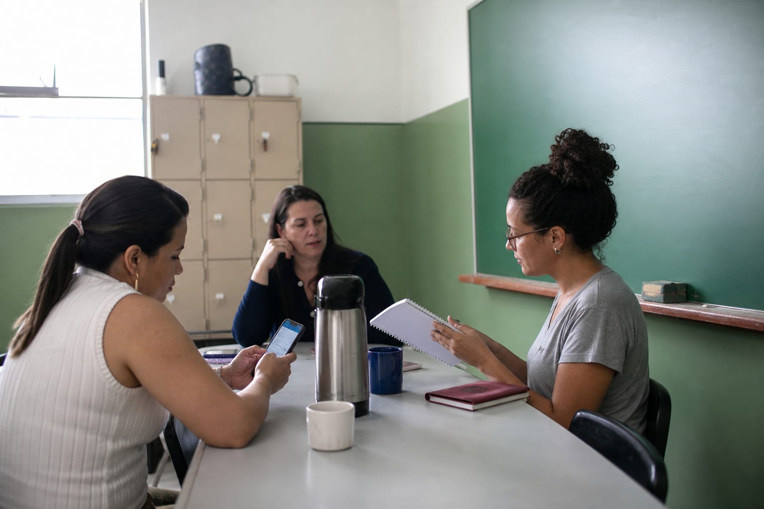 Professoras conversam na sala dos professores com agenda escolar e celular sobre a mesa