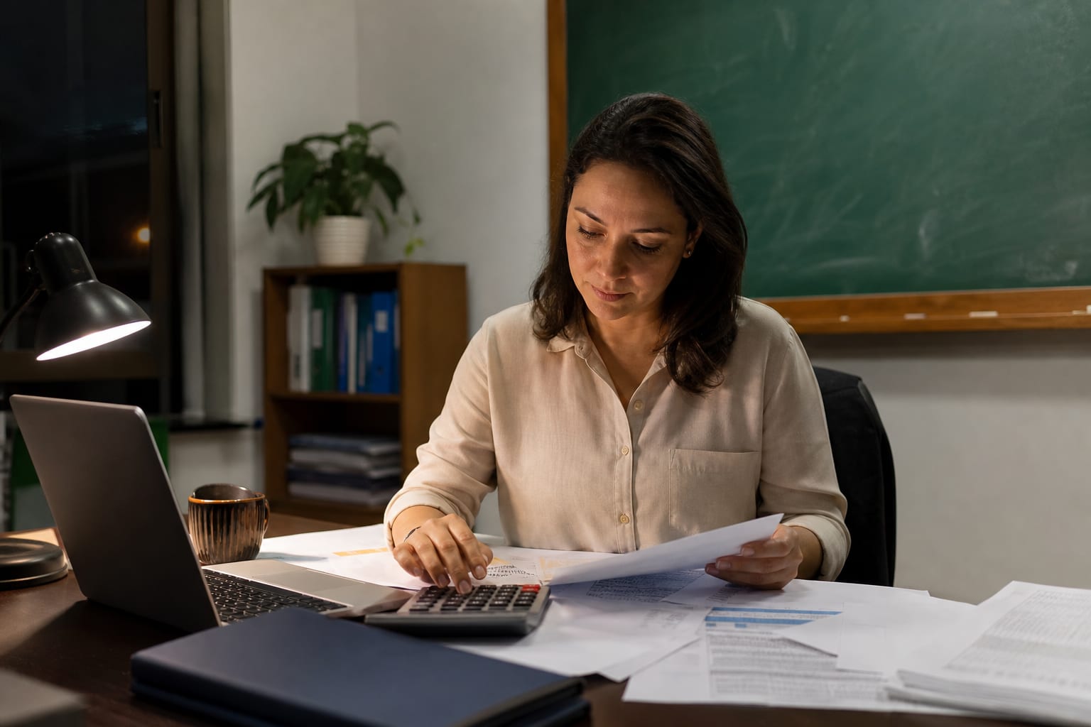 Diretora de escola faz contas com calculadora e notebook em sua sala à noite