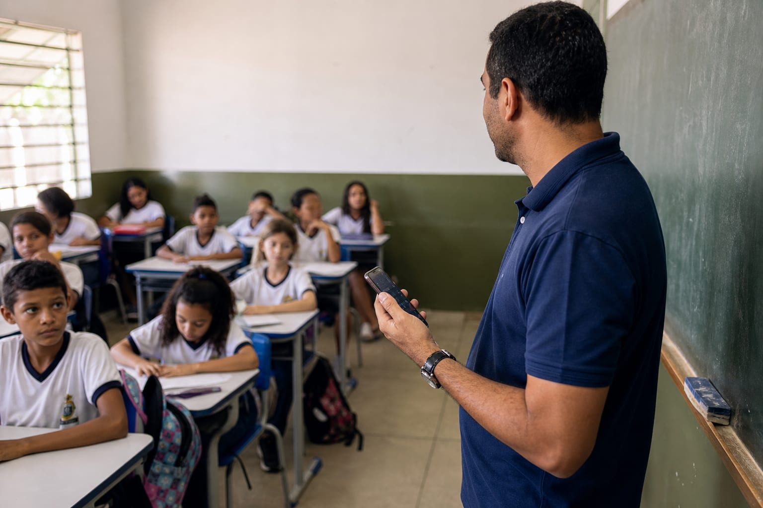 Professor marca presença da turma no celular durante a aula